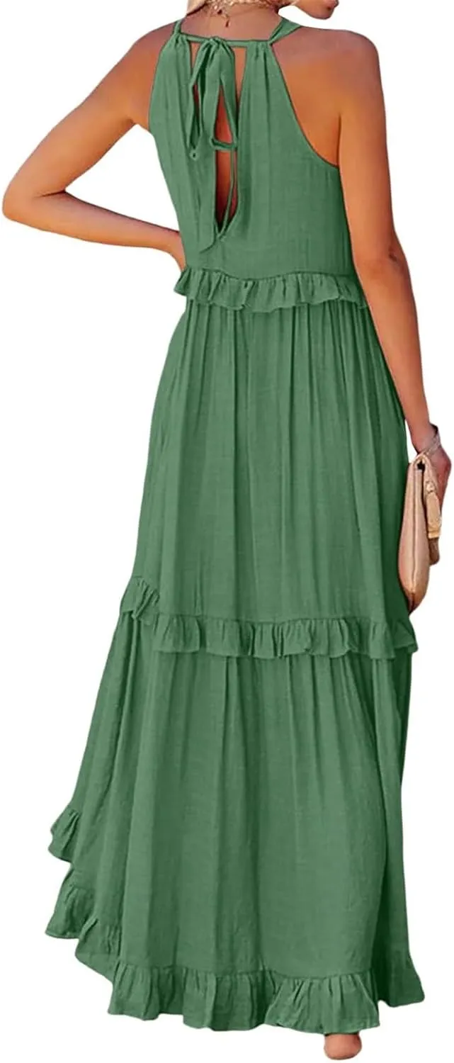 Women's Beach Vacation Clothes Summer Casual Loose Trendy Sleeveless Solid Color Flowy Maxi Sun Dress Plus Size, S-2XL