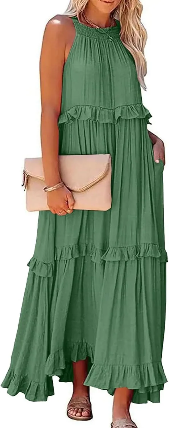 Women's Beach Vacation Clothes Summer Casual Loose Trendy Sleeveless Solid Color Flowy Maxi Sun Dress Plus Size, S-2XL