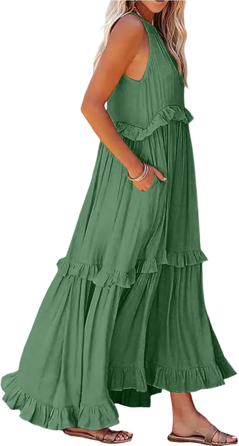 Women's Beach Vacation Clothes Summer Casual Loose Trendy Sleeveless Solid Color Flowy Maxi Sun Dress Plus Size, S-2XL