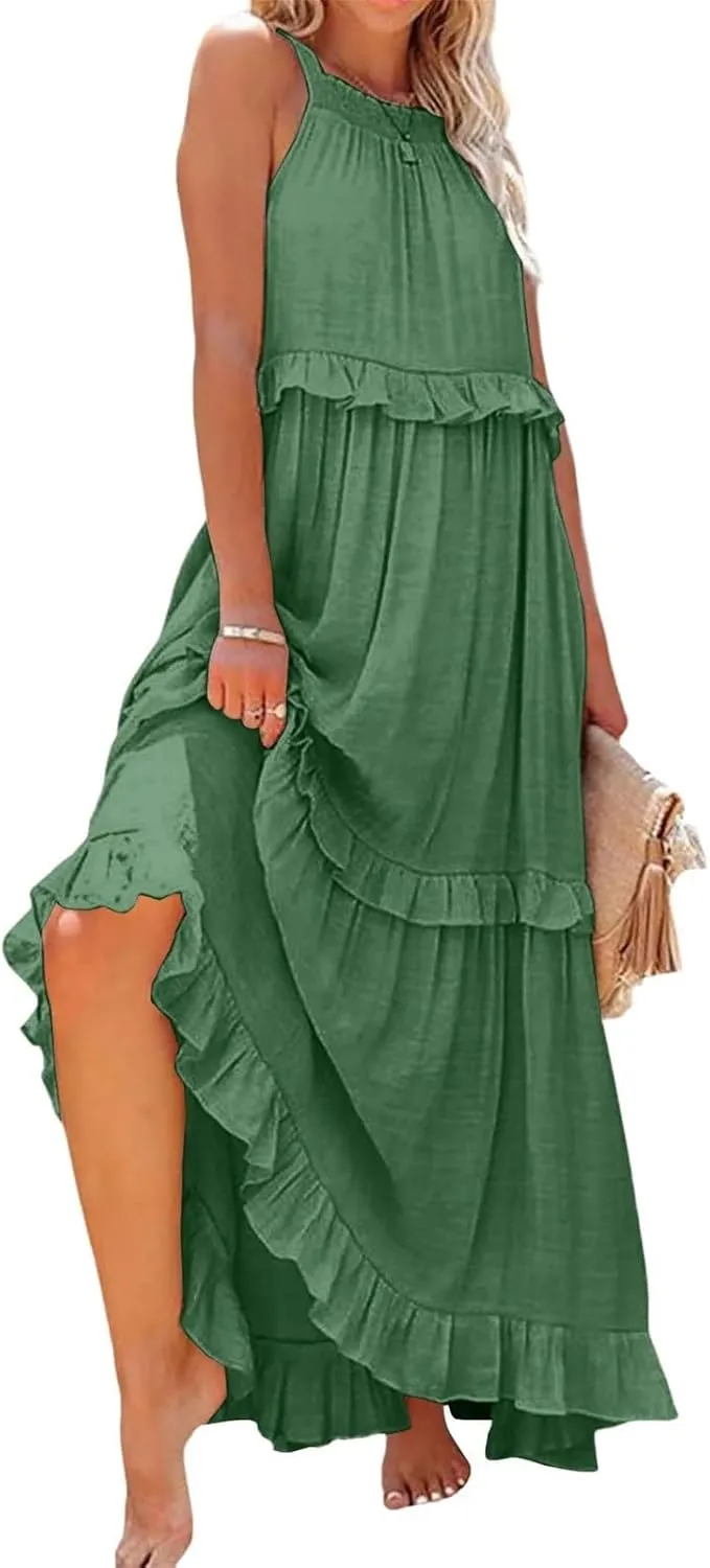 Women's Beach Vacation Clothes Summer Casual Loose Trendy Sleeveless Solid Color Flowy Maxi Sun Dress Plus Size, S-2XL