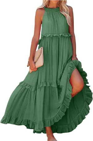 Women's Beach Vacation Clothes Summer Casual Loose Trendy Sleeveless Solid Color Flowy Maxi Sun Dress Plus Size, S-2XL