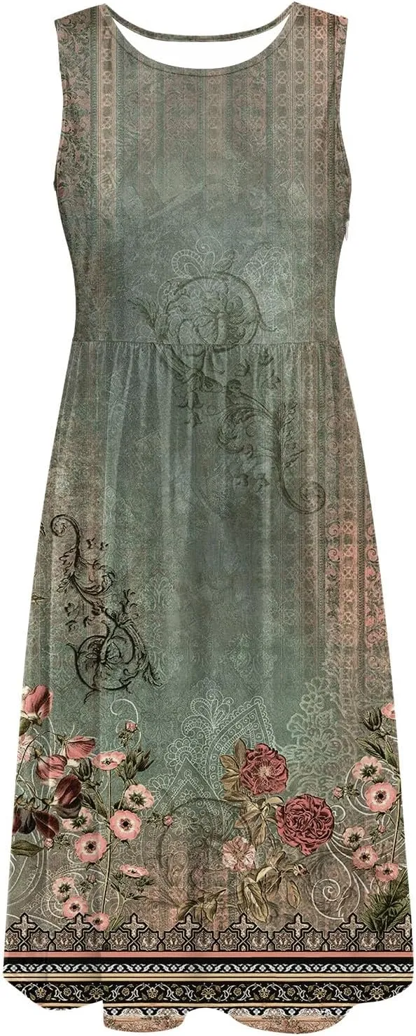 Womens Boho Dresses Women's Summer Tank Midi Dress with Pockets Sleeveless A Line Dress Casual Floral T Shirt