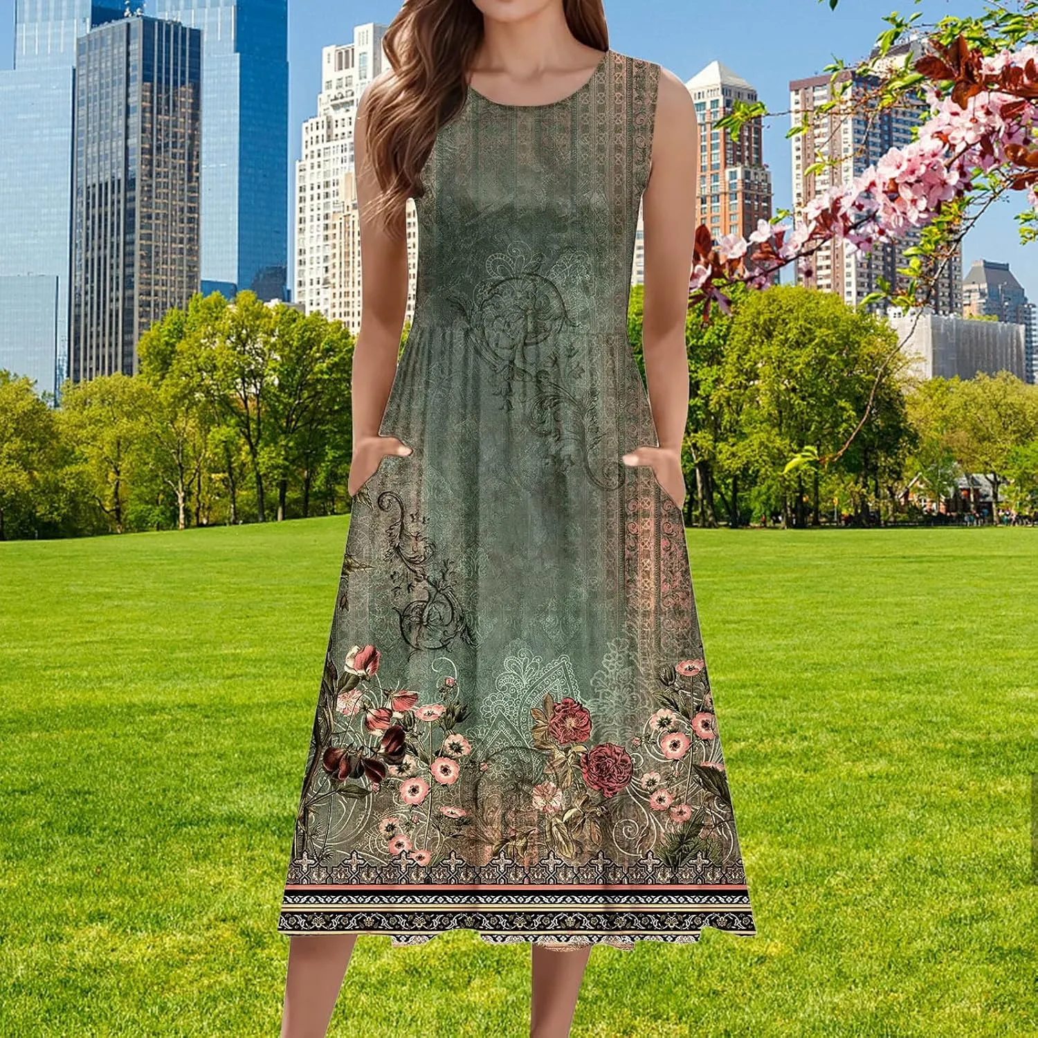 Womens Boho Dresses Women's Summer Tank Midi Dress with Pockets Sleeveless A Line Dress Casual Floral T Shirt