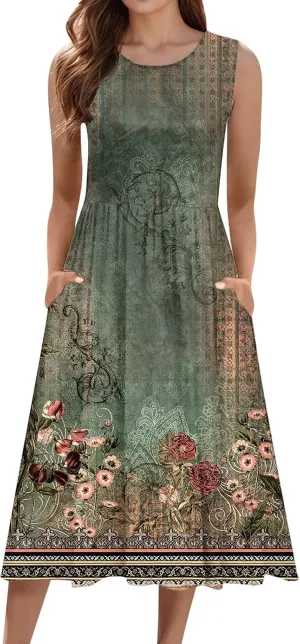 Womens Boho Dresses Women's Summer Tank Midi Dress with Pockets Sleeveless A Line Dress Casual Floral T Shirt