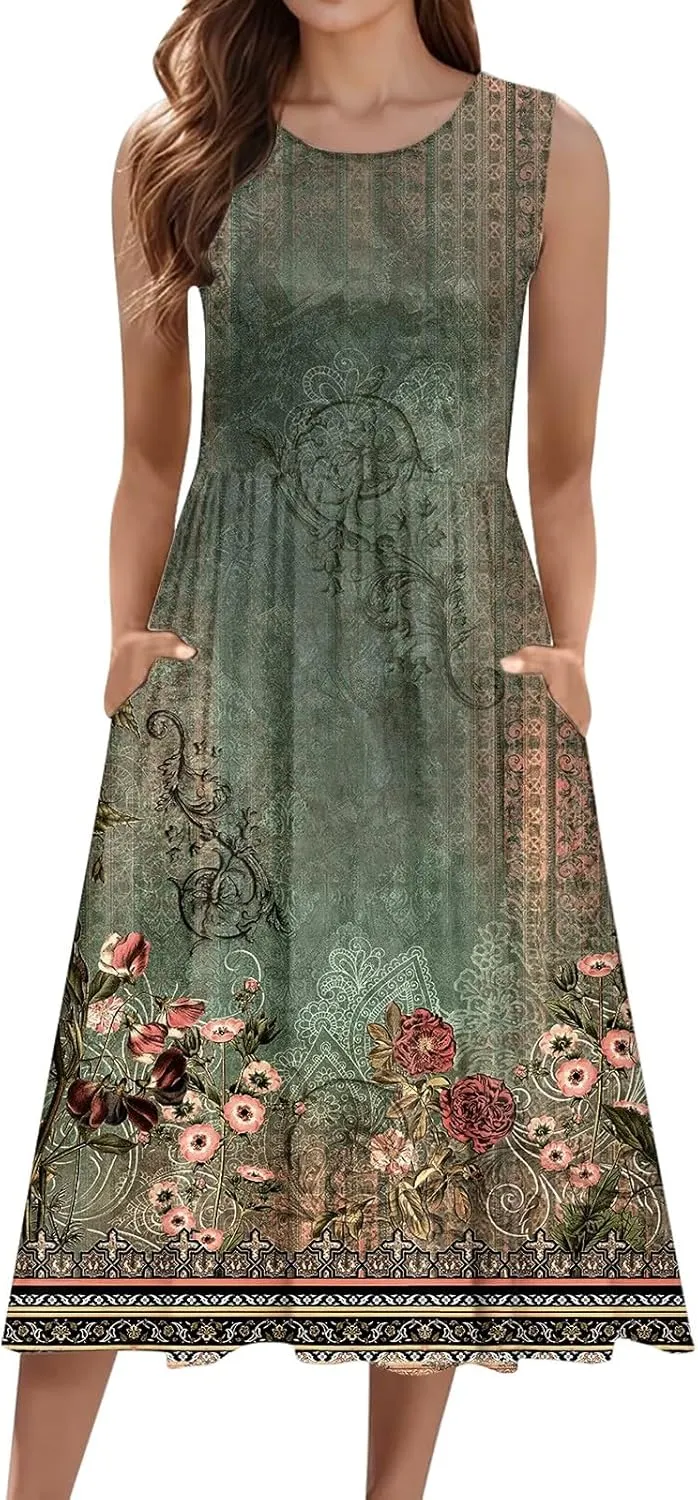 Womens Boho Dresses Women's Summer Tank Midi Dress with Pockets Sleeveless A Line Dress Casual Floral T Shirt