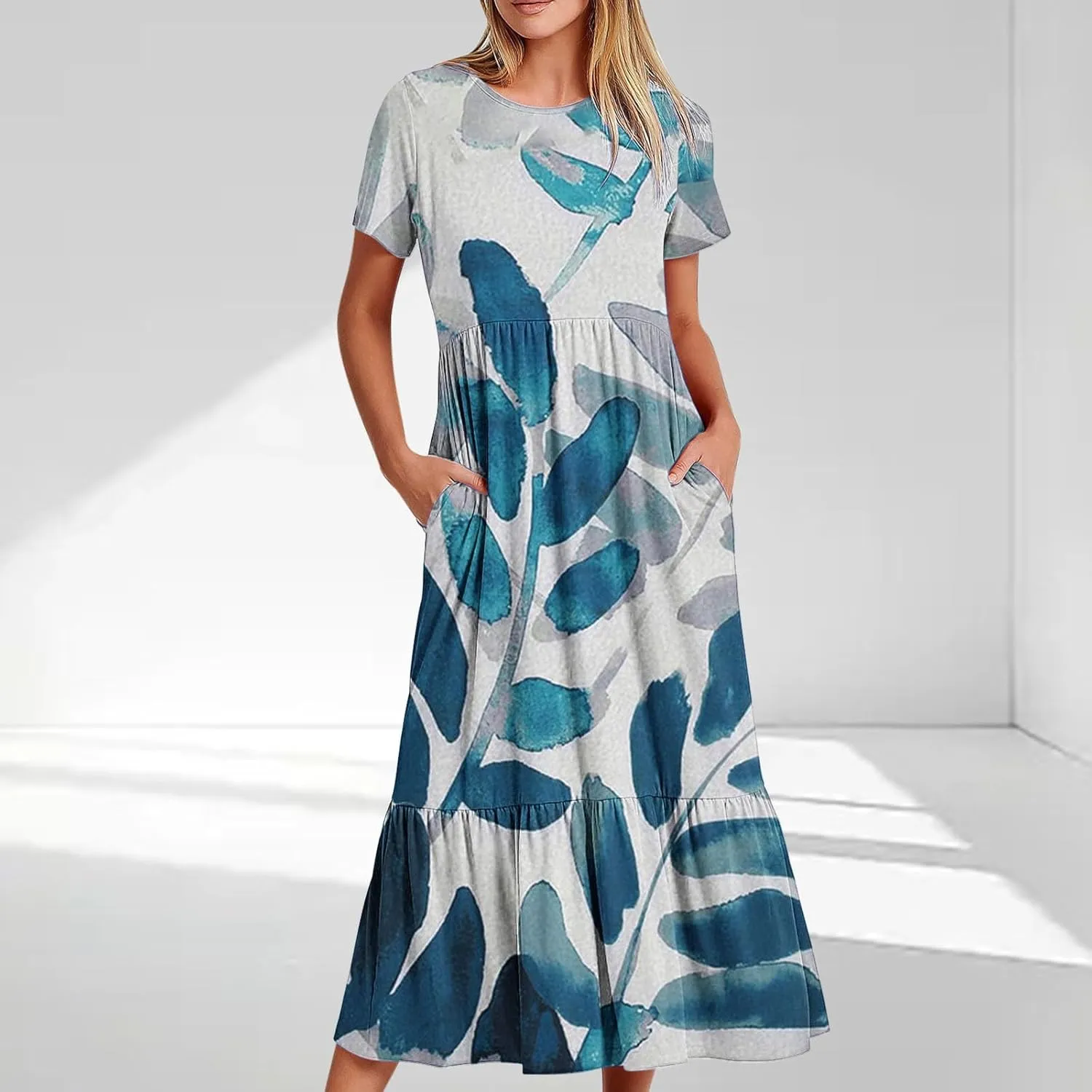 Womens Boho Floral Dresses with Pockets Casual Short Sleeve Crewneck Swing Ruffle Maxi Dress 2025 Summer Sundresses