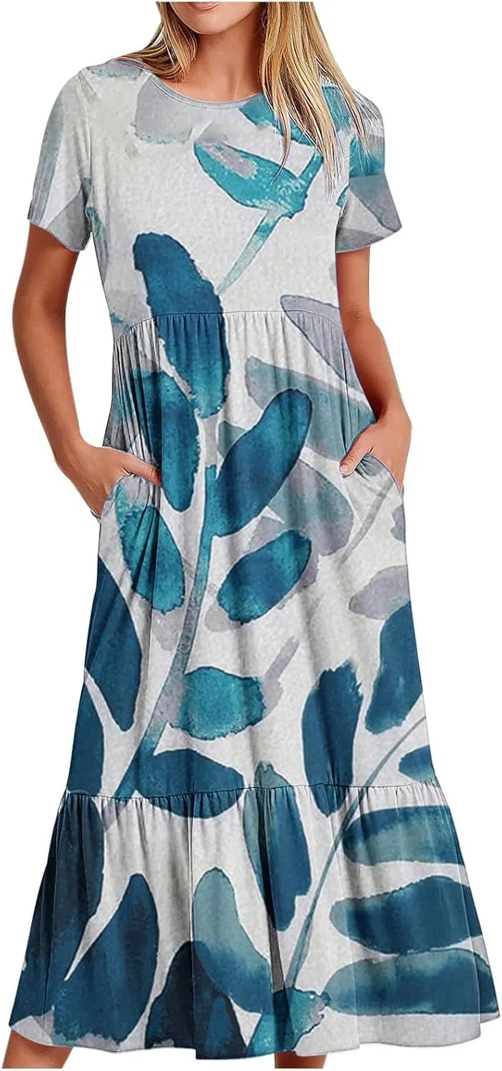 Womens Boho Floral Dresses with Pockets Casual Short Sleeve Crewneck Swing Ruffle Maxi Dress 2025 Summer Sundresses