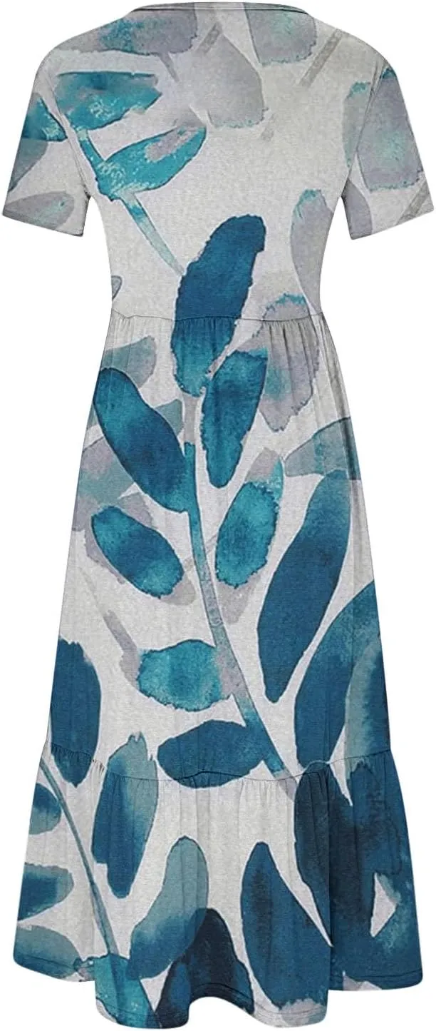 Womens Boho Floral Dresses with Pockets Casual Short Sleeve Crewneck Swing Ruffle Maxi Dress 2025 Summer Sundresses