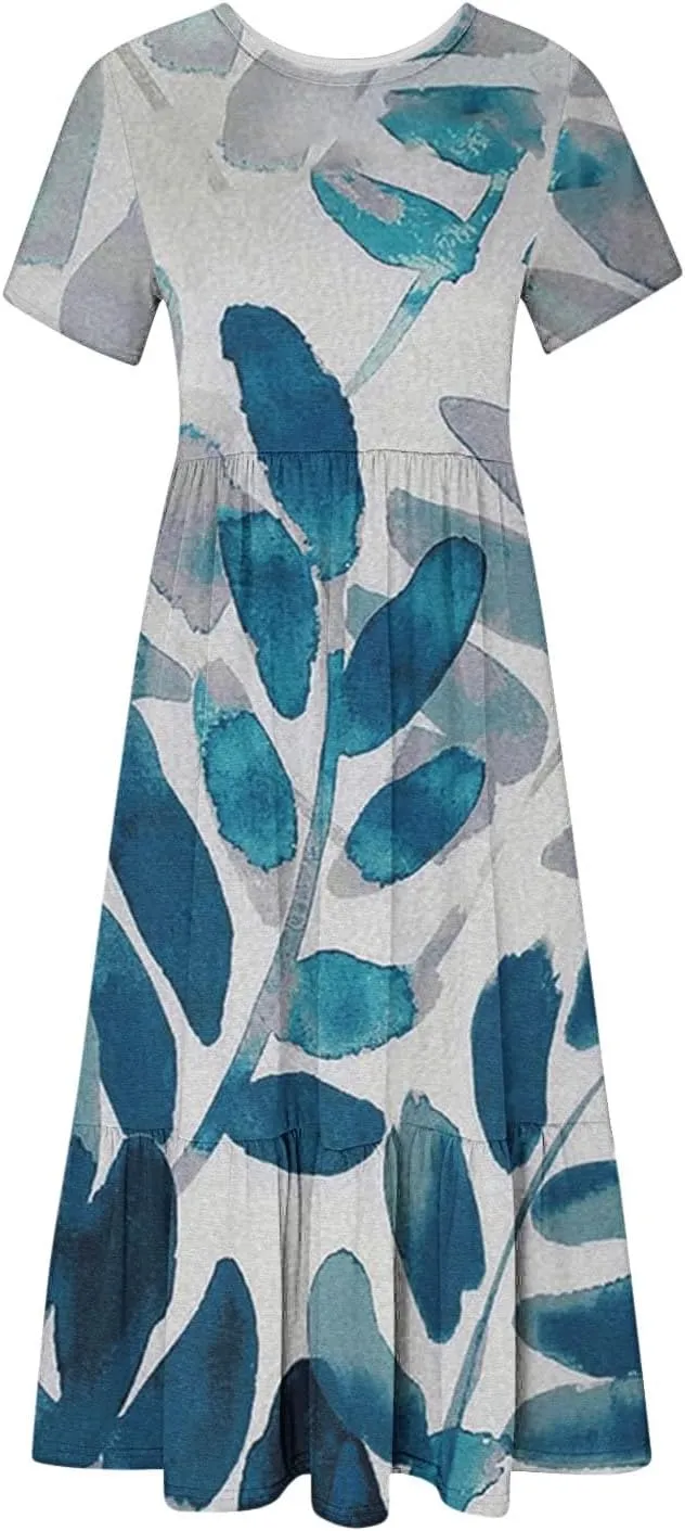 Womens Boho Floral Dresses with Pockets Casual Short Sleeve Crewneck Swing Ruffle Maxi Dress 2025 Summer Sundresses