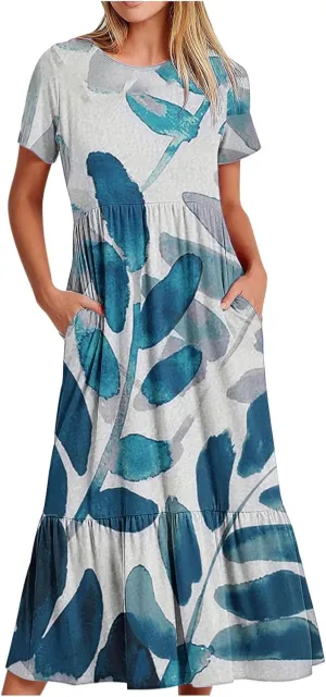 Womens Boho Floral Dresses with Pockets Casual Short Sleeve Crewneck Swing Ruffle Maxi Dress 2025 Summer Sundresses
