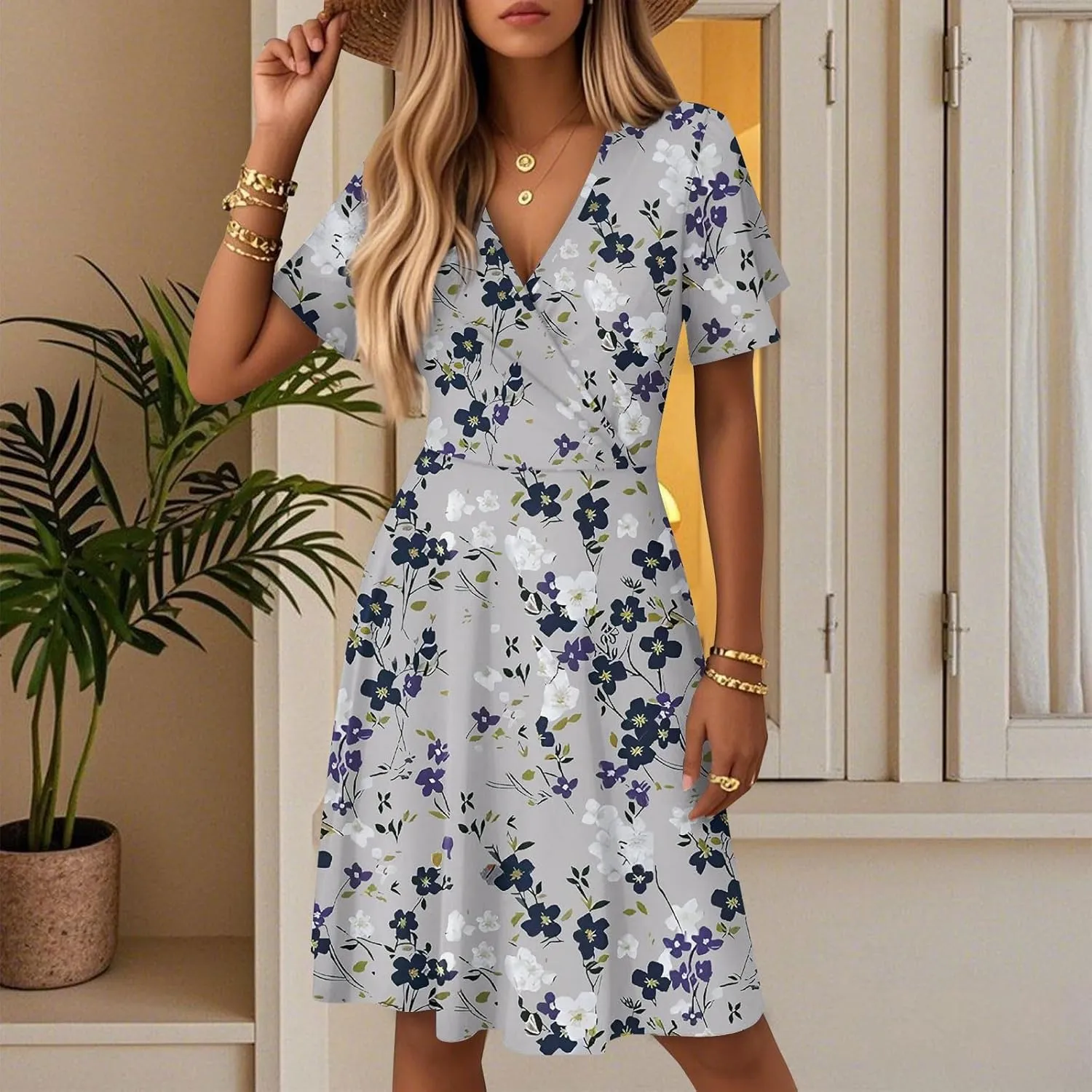 Women's Boho Floral Knee Length Summer Sundresses, V-Neck Short Sleeve High Waist Loose Fit Casual Beach Dress