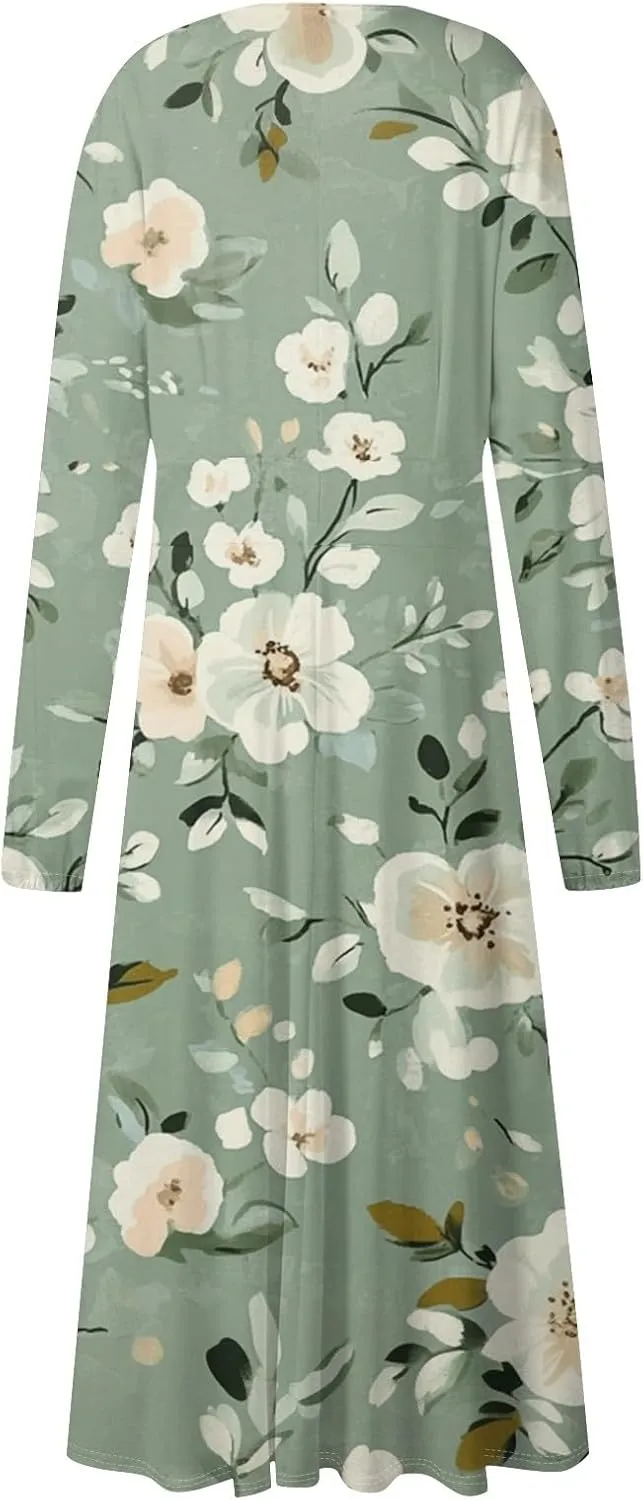 Women's Casual Fashion V-Neck Long Sleeve Floral Print Long Dress Fashion