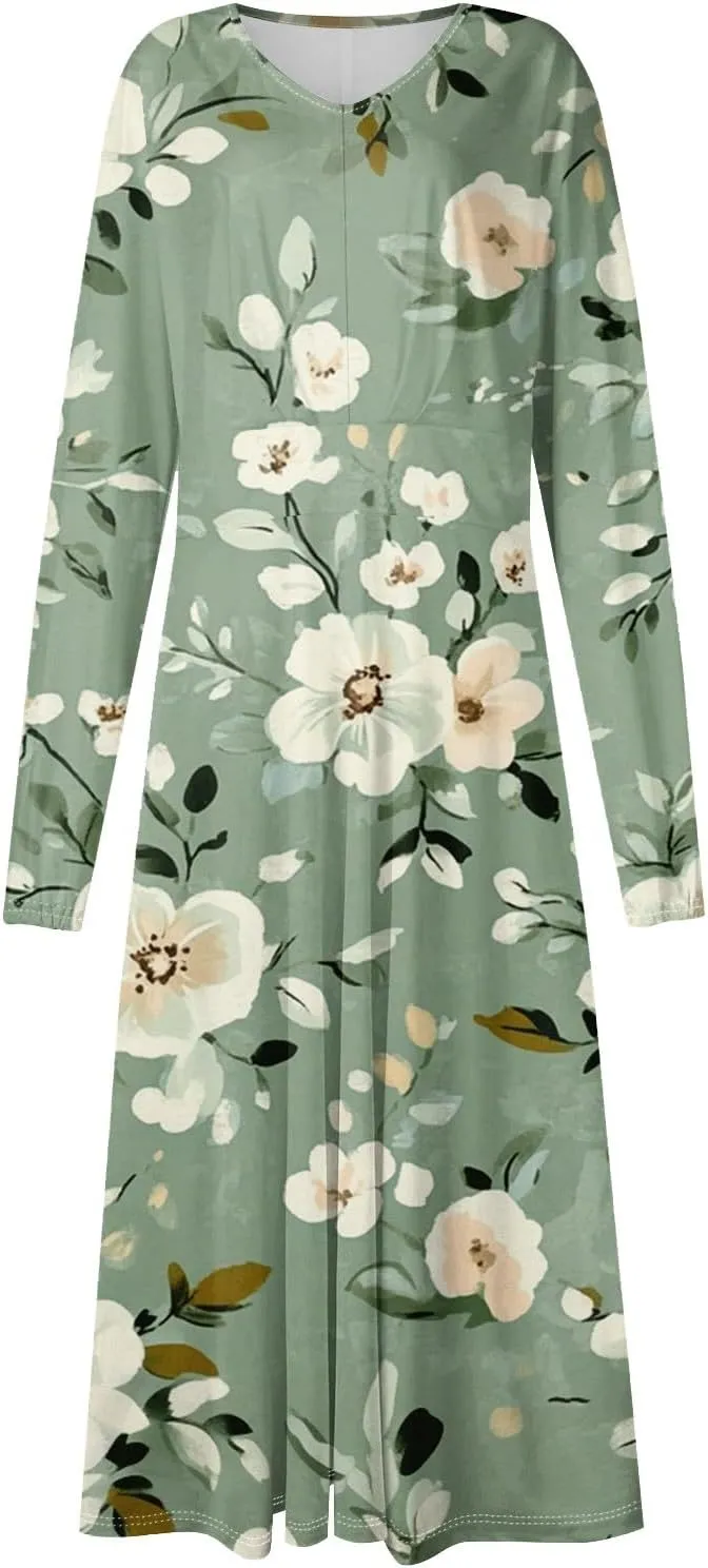 Women's Casual Fashion V-Neck Long Sleeve Floral Print Long Dress Fashion
