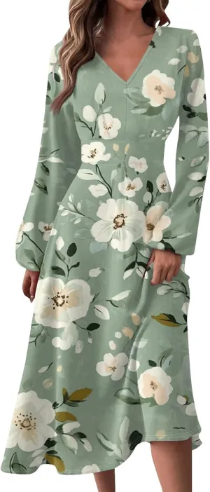 Women's Casual Fashion V-Neck Long Sleeve Floral Print Long Dress Fashion