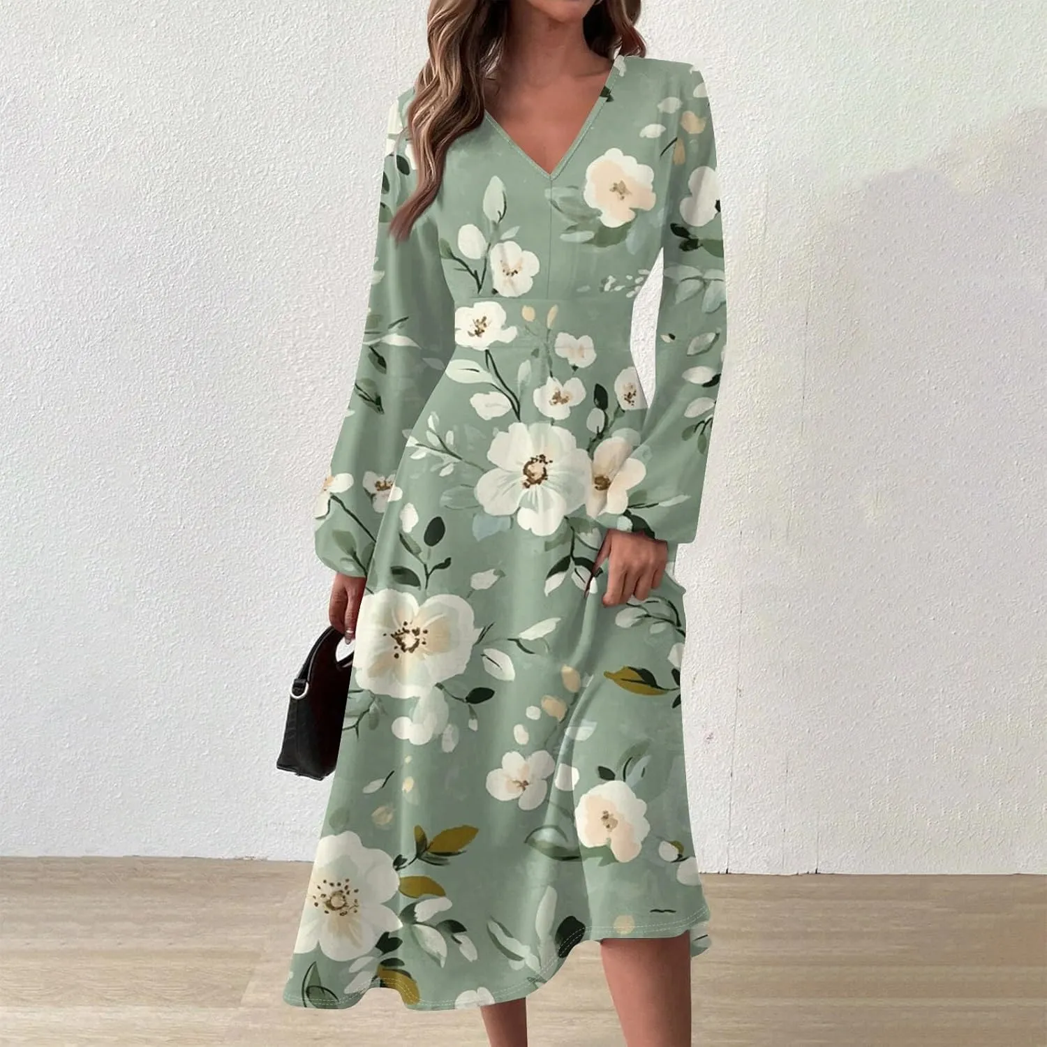 Women's Casual Fashion V-Neck Long Sleeve Floral Print Long Dress Fashion
