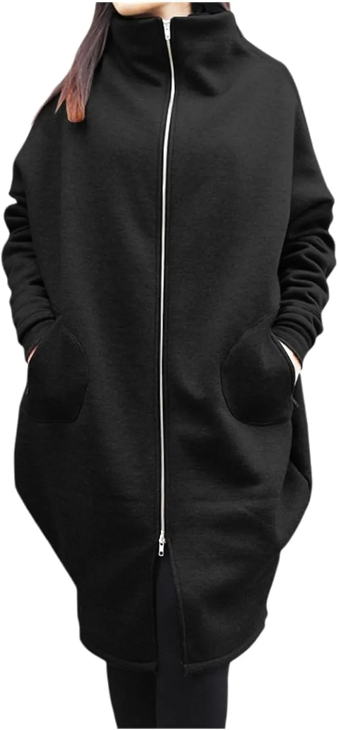 Women's Casual Oversized Hoodies Long Tunic Sweatshirts Jackets Plus Size Zip up Hoodie with Pockets