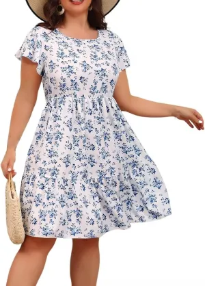 Womens Casual Plus Size Short Sleeve Layered Swing Midi Dress Boho Print Midi Skater Dress Summer Going Out Dresses