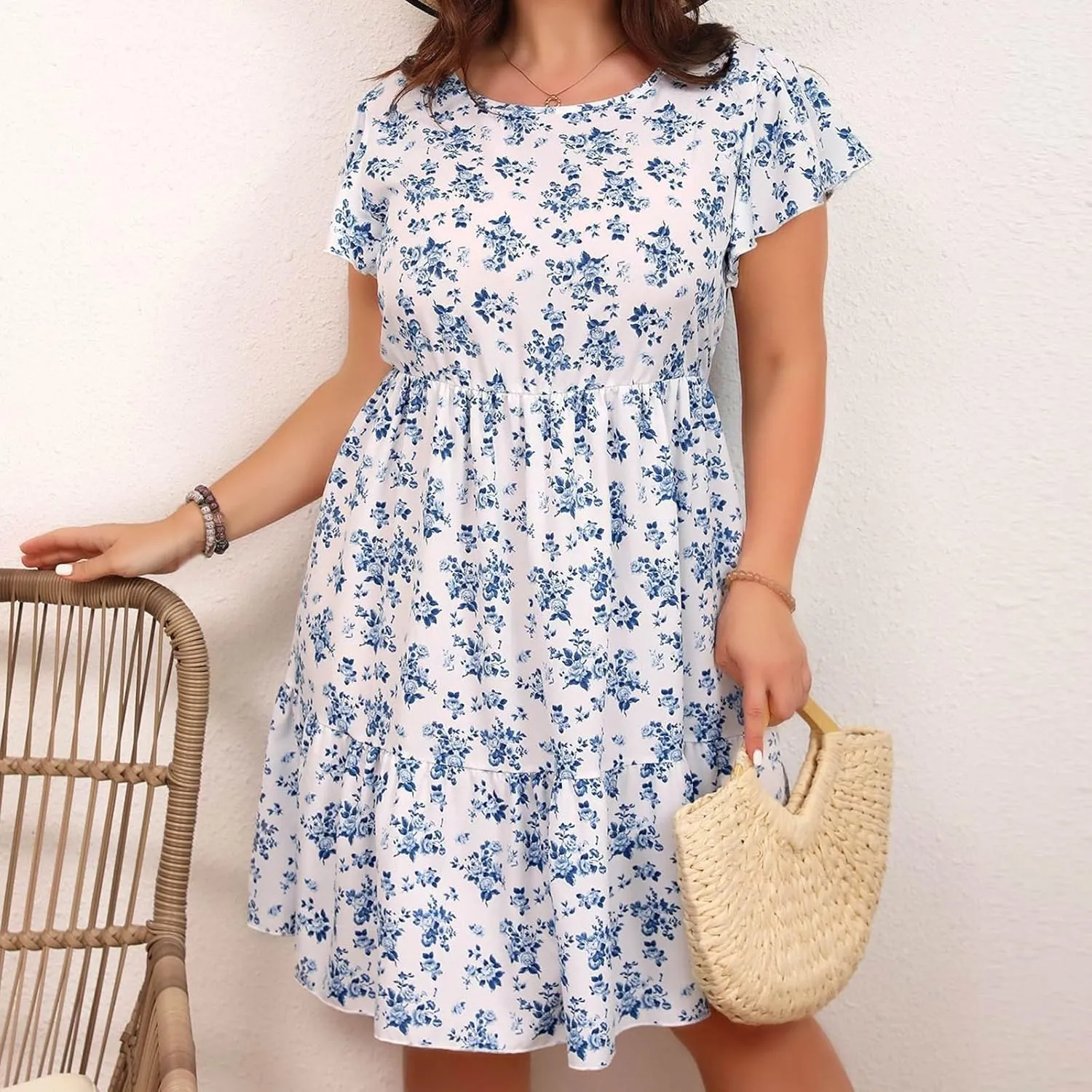 Womens Casual Plus Size Short Sleeve Layered Swing Midi Dress Boho Print Midi Skater Dress Summer Going Out Dresses