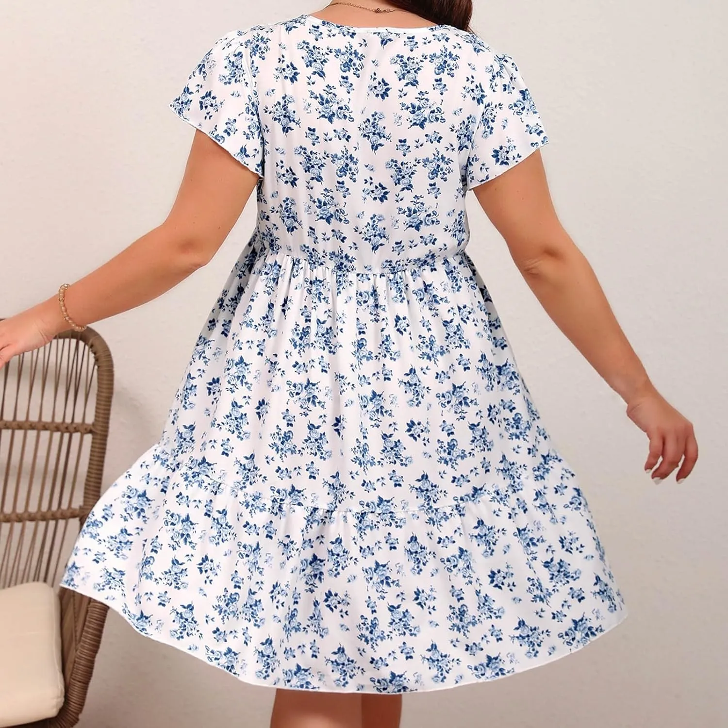 Womens Casual Plus Size Short Sleeve Layered Swing Midi Dress Boho Print Midi Skater Dress Summer Going Out Dresses