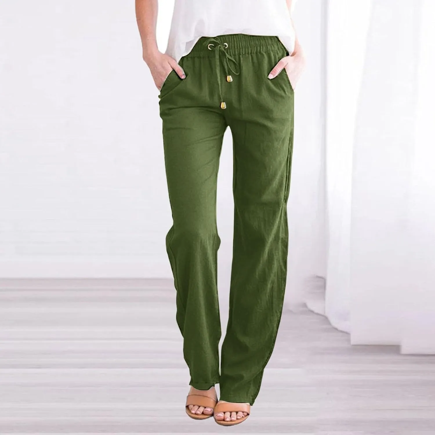 Womens Cotton Linen Summer Boho Pants Low Waist Stretchy Straight Slim-Fit Pant Trousers Business Work