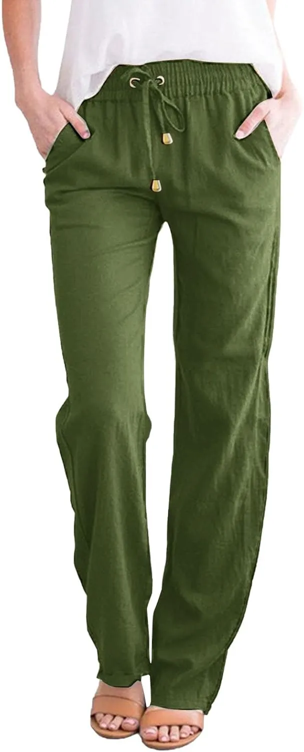 Womens Cotton Linen Summer Boho Pants Low Waist Stretchy Straight Slim-Fit Pant Trousers Business Work