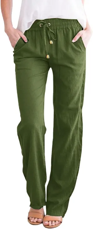Womens Cotton Linen Summer Boho Pants Low Waist Stretchy Straight Slim-Fit Pant Trousers Business Work