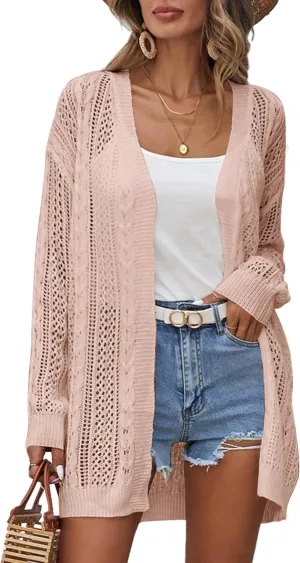 Womens Crochet Lightweight Cardigans Long Sleeve Open Front Kimonos Boho Summer Cardigan Sweater Cover Up