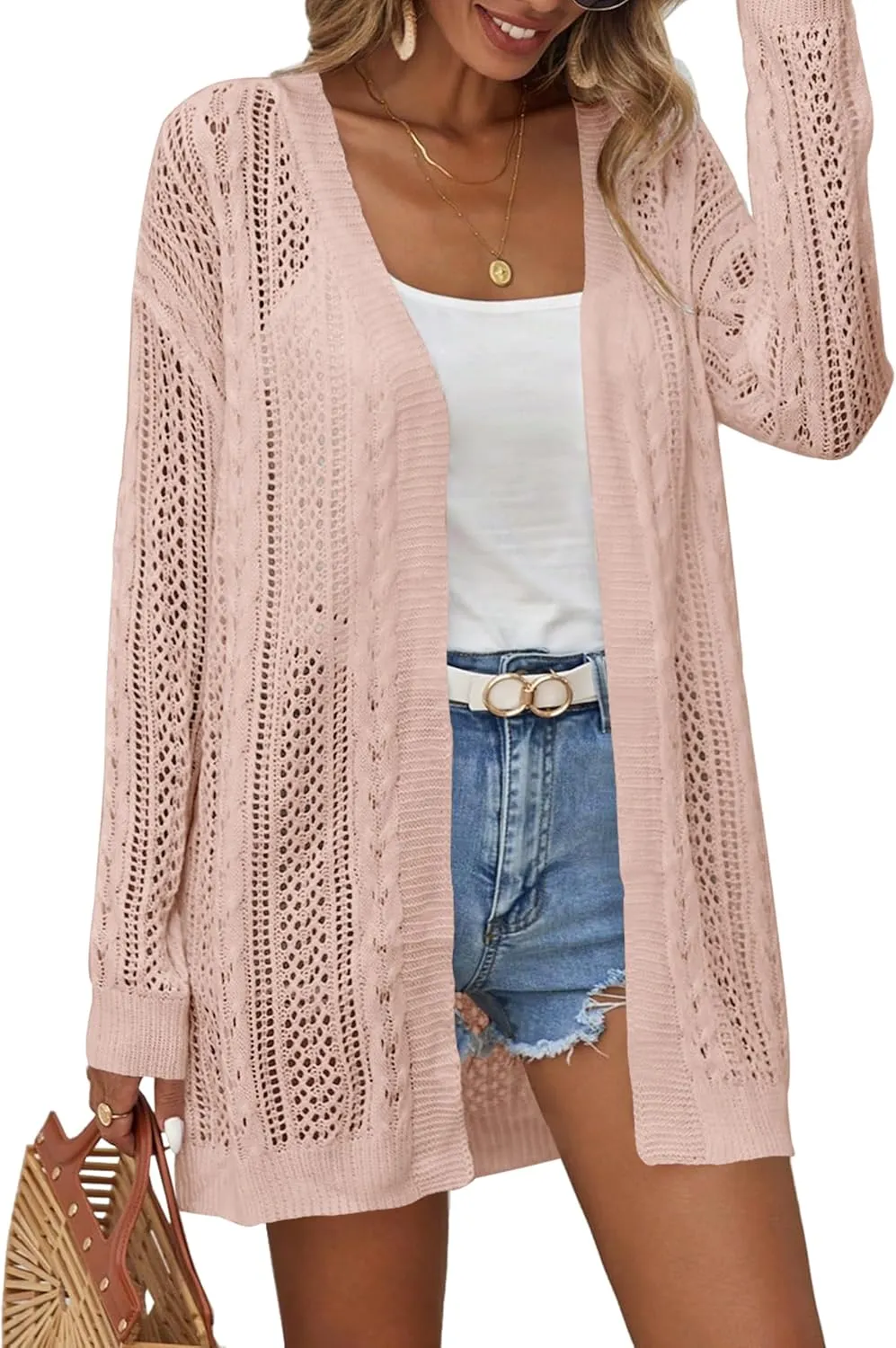 Womens Crochet Lightweight Cardigans Long Sleeve Open Front Kimonos Boho Summer Cardigan Sweater Cover Up