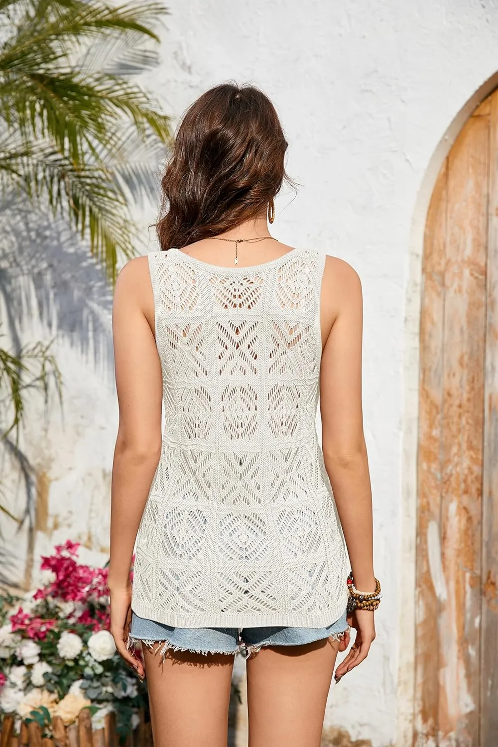 Women's Crochet Tank Tops Summer Knit Sweater Vest Hollow Out Sleeveless Boho Top