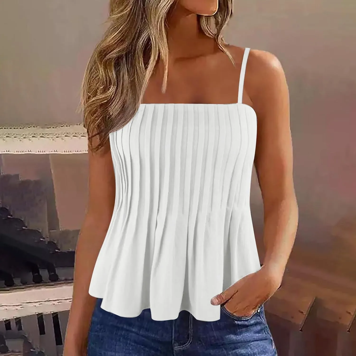 Women's Cute Camisole Adjustable Spaghetti Strap Peplum Tops Flowy Pleated Crop Tops Loose Fit Flare Babydoll Shirts