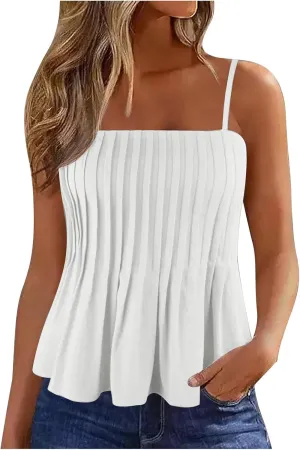 Women's Cute Camisole Adjustable Spaghetti Strap Peplum Tops Flowy Pleated Crop Tops Loose Fit Flare Babydoll Shirts