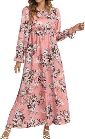 Womens Fall Dresses Casual Plus Size Ruffle Long Sleeve Maxi Dresses Bohemian Floral Elastic Waist Flowy Long Dress Long Sleeve Maxi Dress for Women Pink L