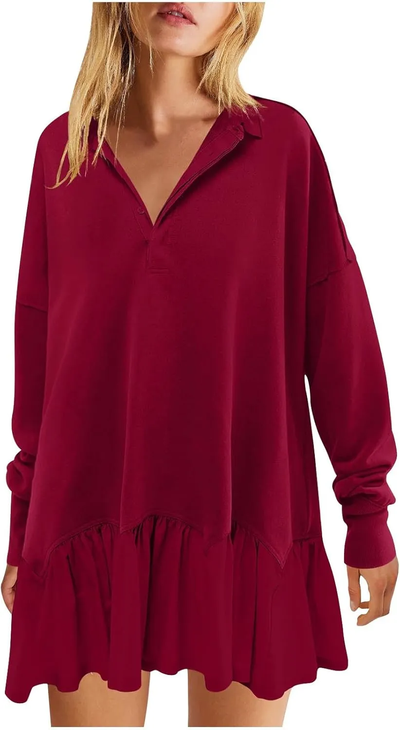 Womens Fall Midi Dresses 2024 Oversized Sweatshirts Long Sleeve Crewneck Pleated Pullover Mini Dress Fall Outfits