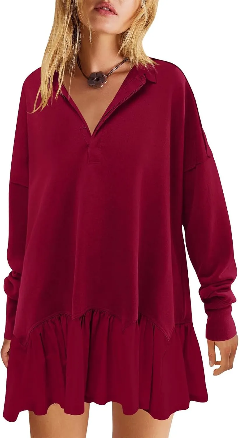 Womens Fall Midi Dresses 2024 Oversized Sweatshirts Long Sleeve Crewneck Pleated Pullover Mini Dress Fall Outfits