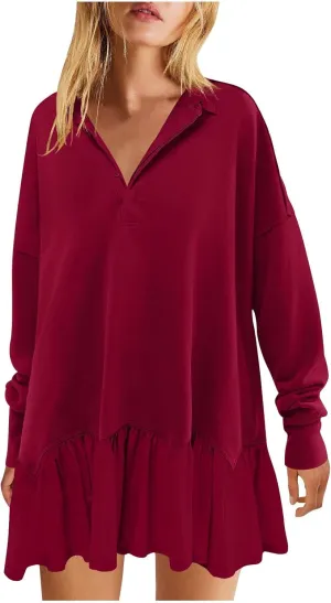 Womens Fall Midi Dresses 2024 Oversized Sweatshirts Long Sleeve Crewneck Pleated Pullover Mini Dress Fall Outfits