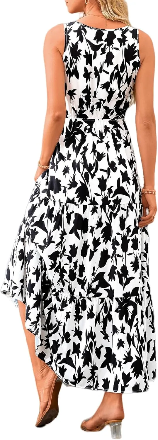 Women's Floral Dress V-Neck Sleeveless Print Flowy Swing Maxi Dresses Summer A Line Elastic Waist Elegant Dress