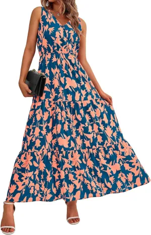 Women's Floral Dress V-Neck Sleeveless Print Flowy Swing Maxi Dresses Summer A Line Elastic Waist Elegant Dress