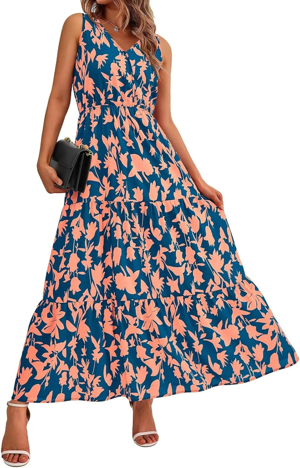 Women's Floral Dress V-Neck Sleeveless Print Flowy Swing Maxi Dresses Summer A Line Elastic Waist Elegant Dress