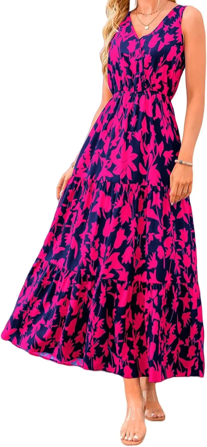 Women's Floral Dress V-Neck Sleeveless Print Flowy Swing Maxi Dresses Summer A Line Elastic Waist Elegant Dress
