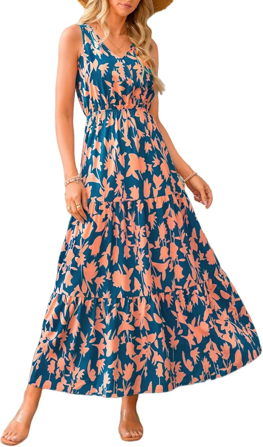 Women's Floral Dress V-Neck Sleeveless Print Flowy Swing Maxi Dresses Summer A Line Elastic Waist Elegant Dress