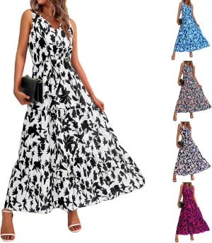 Women's Floral Dress V-Neck Sleeveless Print Flowy Swing Maxi Dresses Summer A Line Elastic Waist Elegant Dress