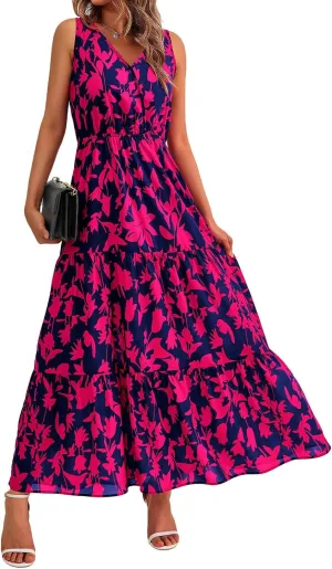 Women's Floral Dress V-Neck Sleeveless Print Flowy Swing Maxi Dresses Summer A Line Elastic Waist Elegant Dress