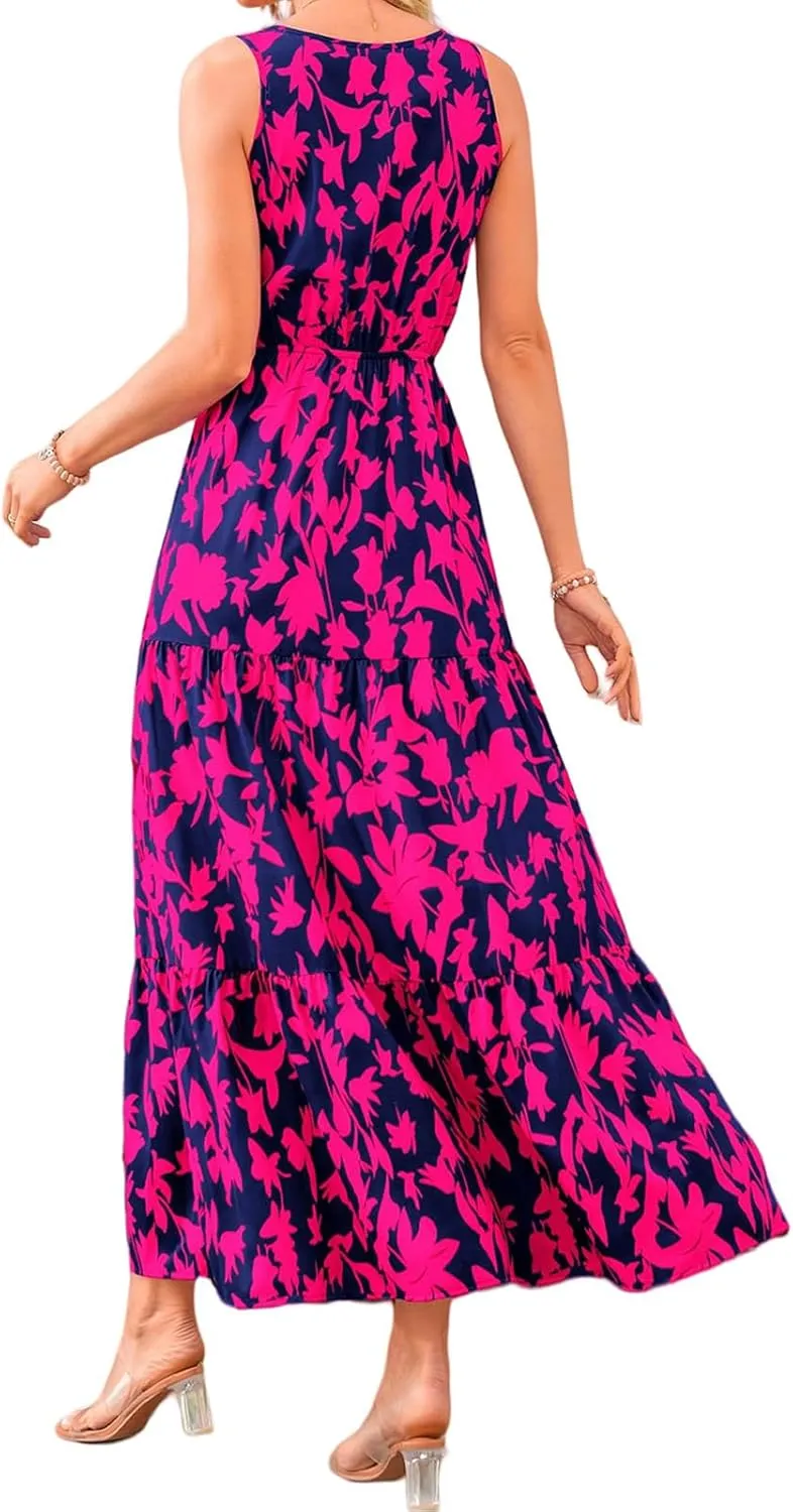 Women's Floral Dress V-Neck Sleeveless Print Flowy Swing Maxi Dresses Summer A Line Elastic Waist Elegant Dress