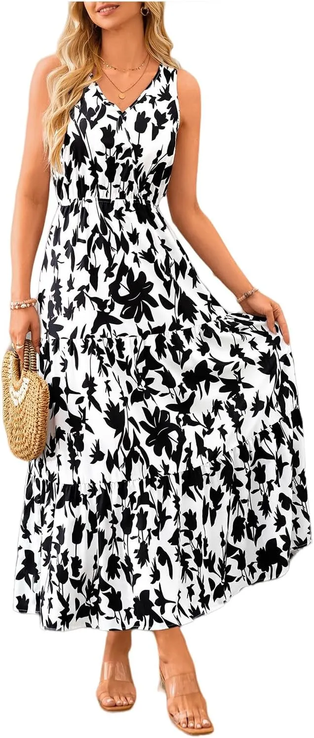 Women's Floral Dress V-Neck Sleeveless Print Flowy Swing Maxi Dresses Summer A Line Elastic Waist Elegant Dress