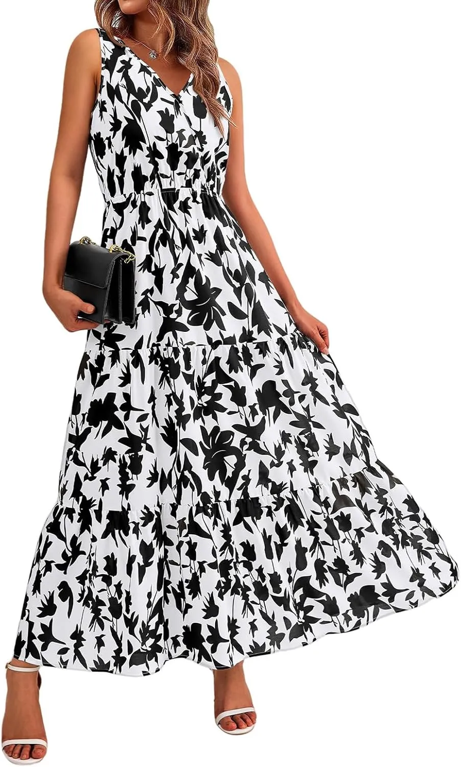Women's Floral Dress V-Neck Sleeveless Print Flowy Swing Maxi Dresses Summer A Line Elastic Waist Elegant Dress
