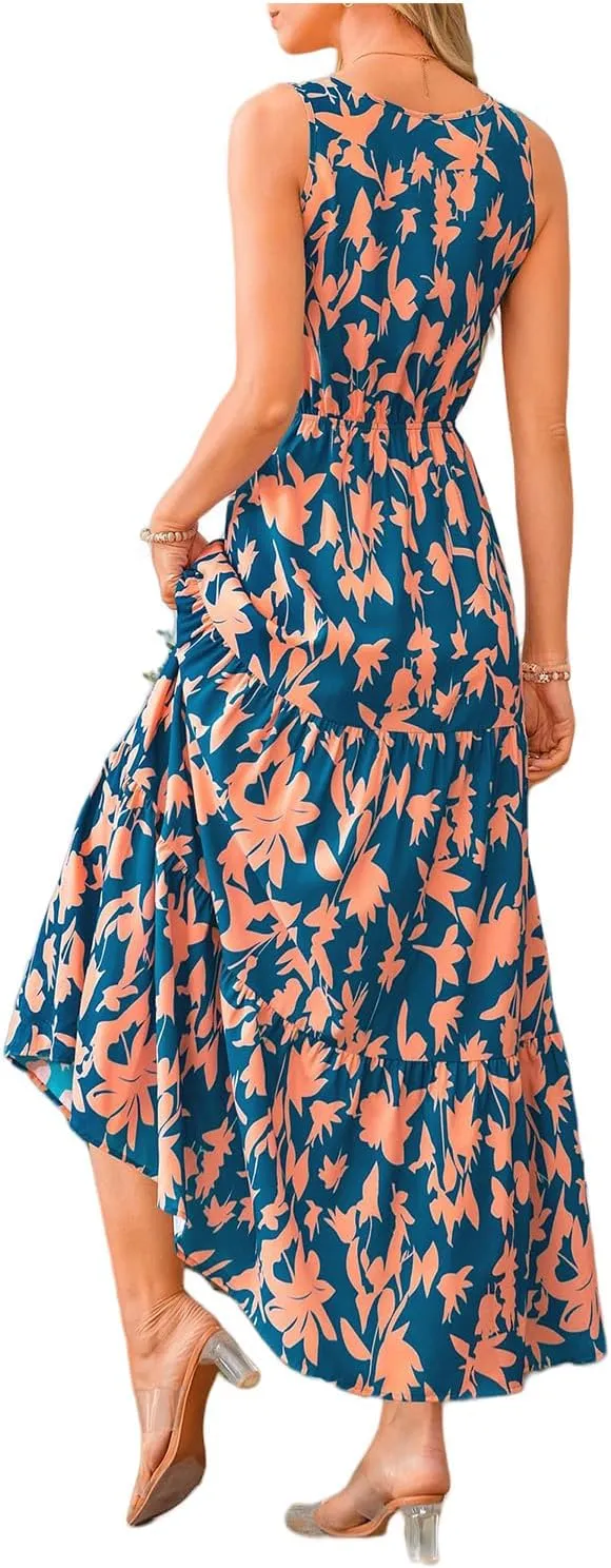 Women's Floral Dress V-Neck Sleeveless Print Flowy Swing Maxi Dresses Summer A Line Elastic Waist Elegant Dress