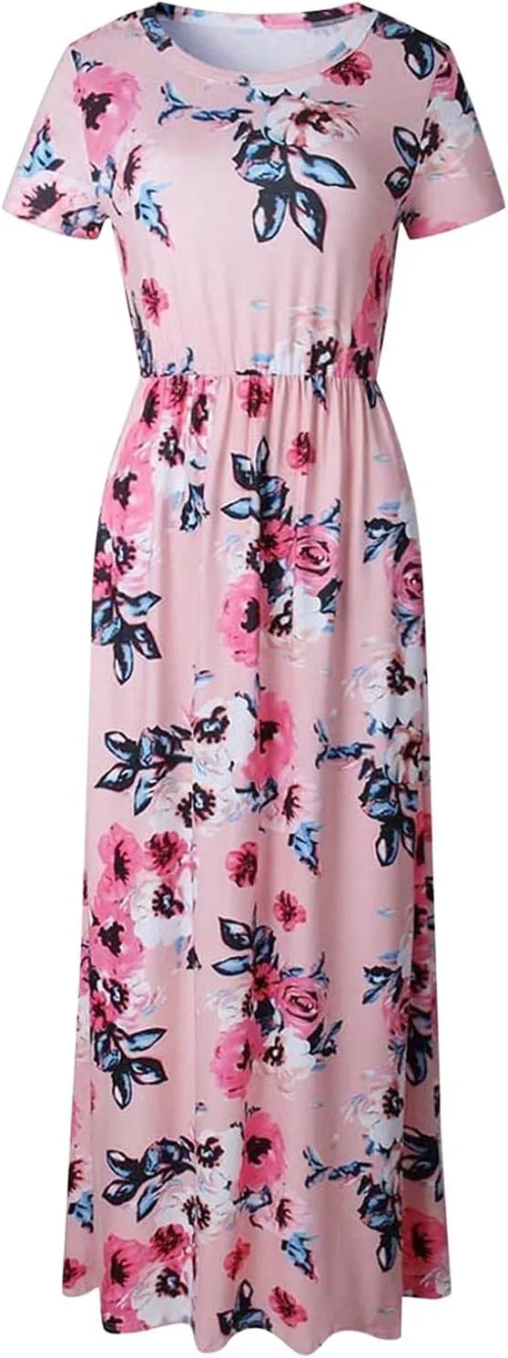 Women's Floral Maxi Long Dress Short Sleeve O Neck Summer Casual Dress with Pocket Holiday Beach Party Sundress Vestidos