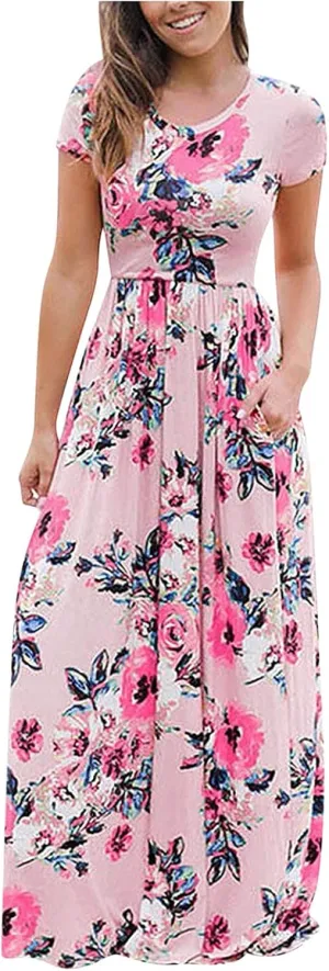 Women's Floral Maxi Long Dress Short Sleeve O Neck Summer Casual Dress with Pocket Holiday Beach Party Sundress Vestidos