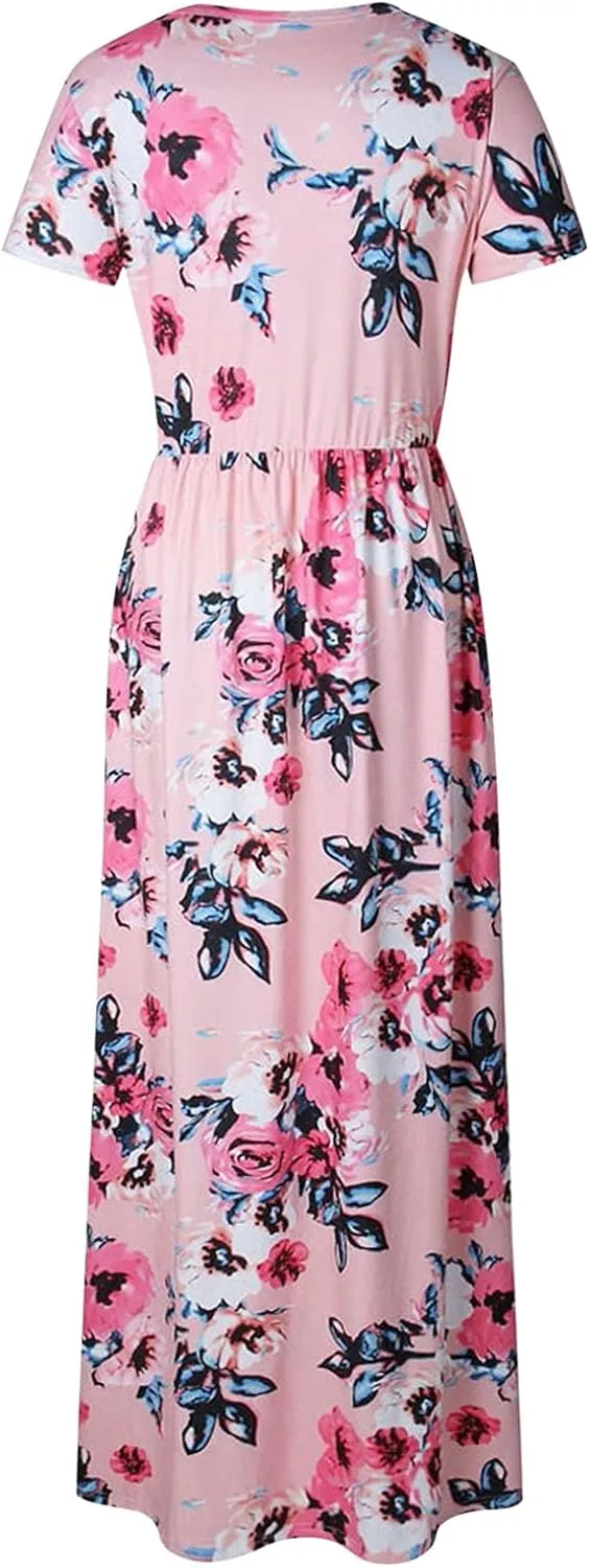 Women's Floral Maxi Long Dress Short Sleeve O Neck Summer Casual Dress with Pocket Holiday Beach Party Sundress Vestidos
