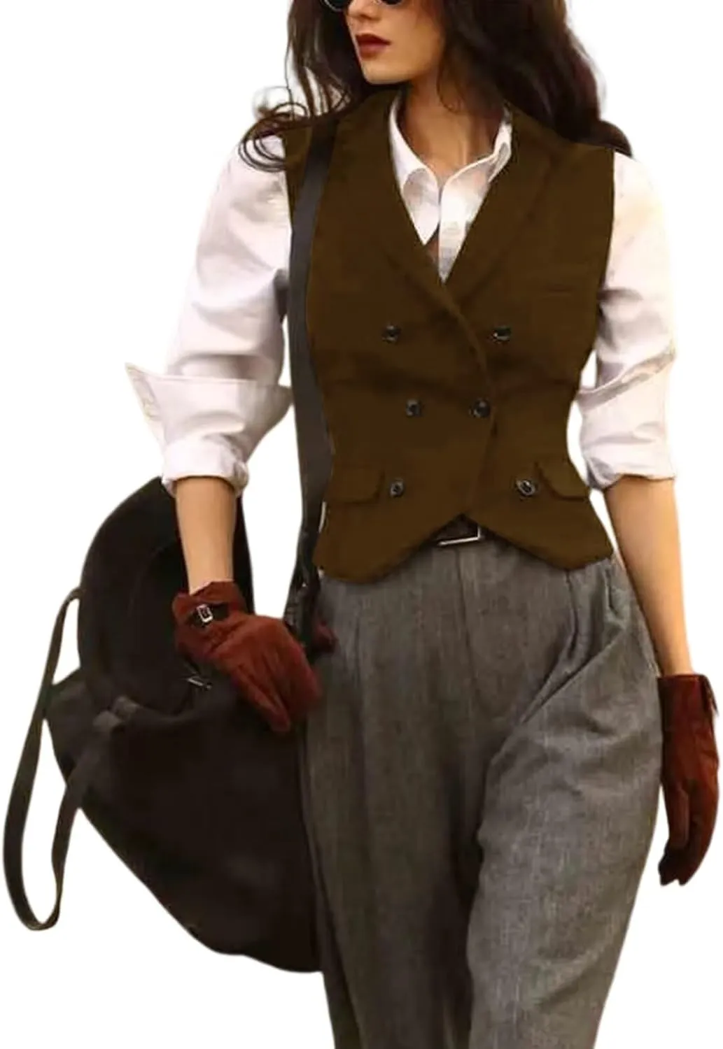 Womens Herringbone Tweed Single Breasted Waistcoat Casual Office Wear Vest Sleeveless Jacket